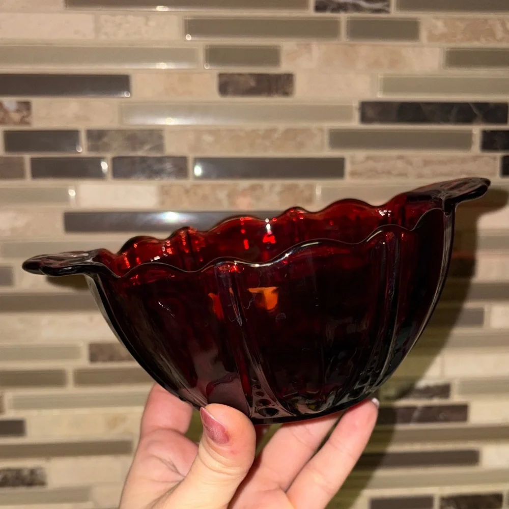Anchor Hocking Vintage Oyster & Pearl Royal Ruby Handled Bowls (Set of 2)
